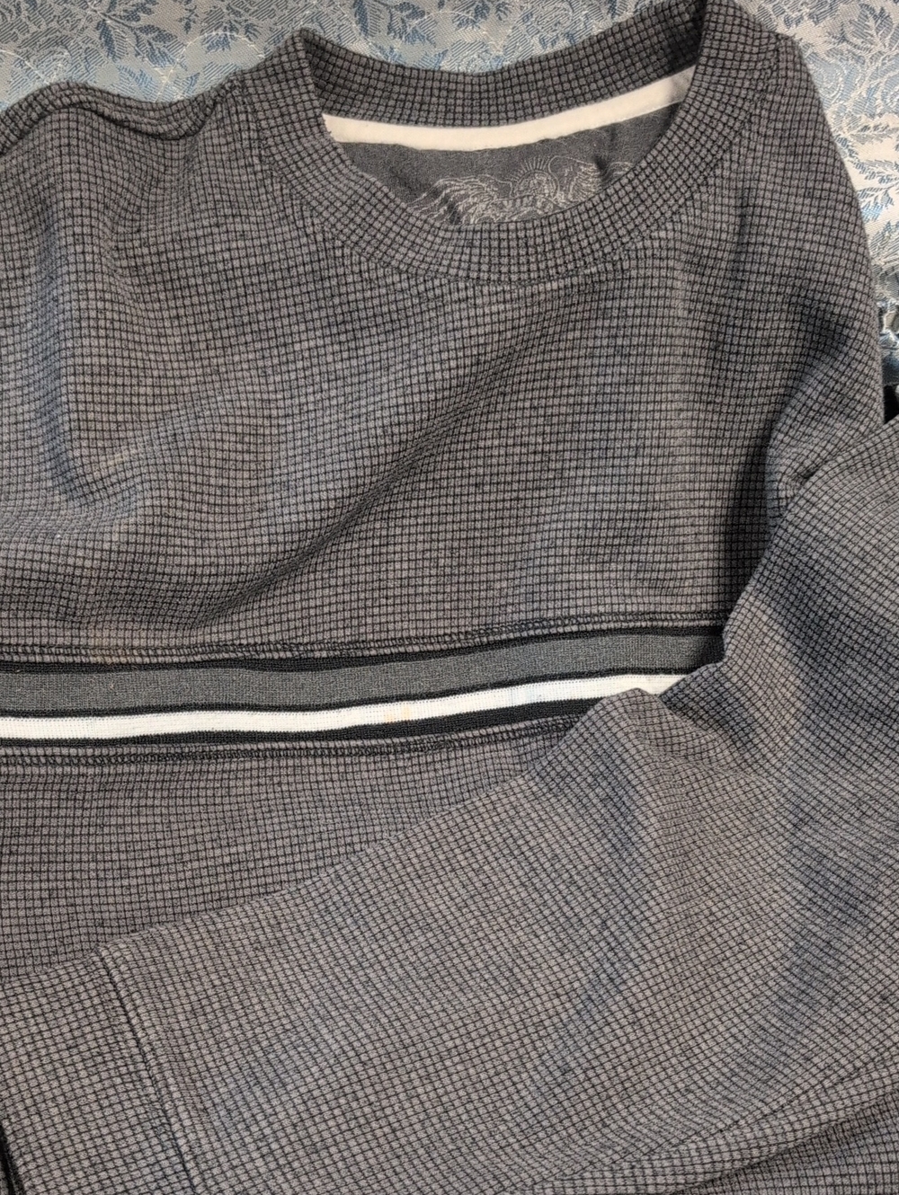 Men's Grey Grid Crewneck Sweater with Stripe Detail